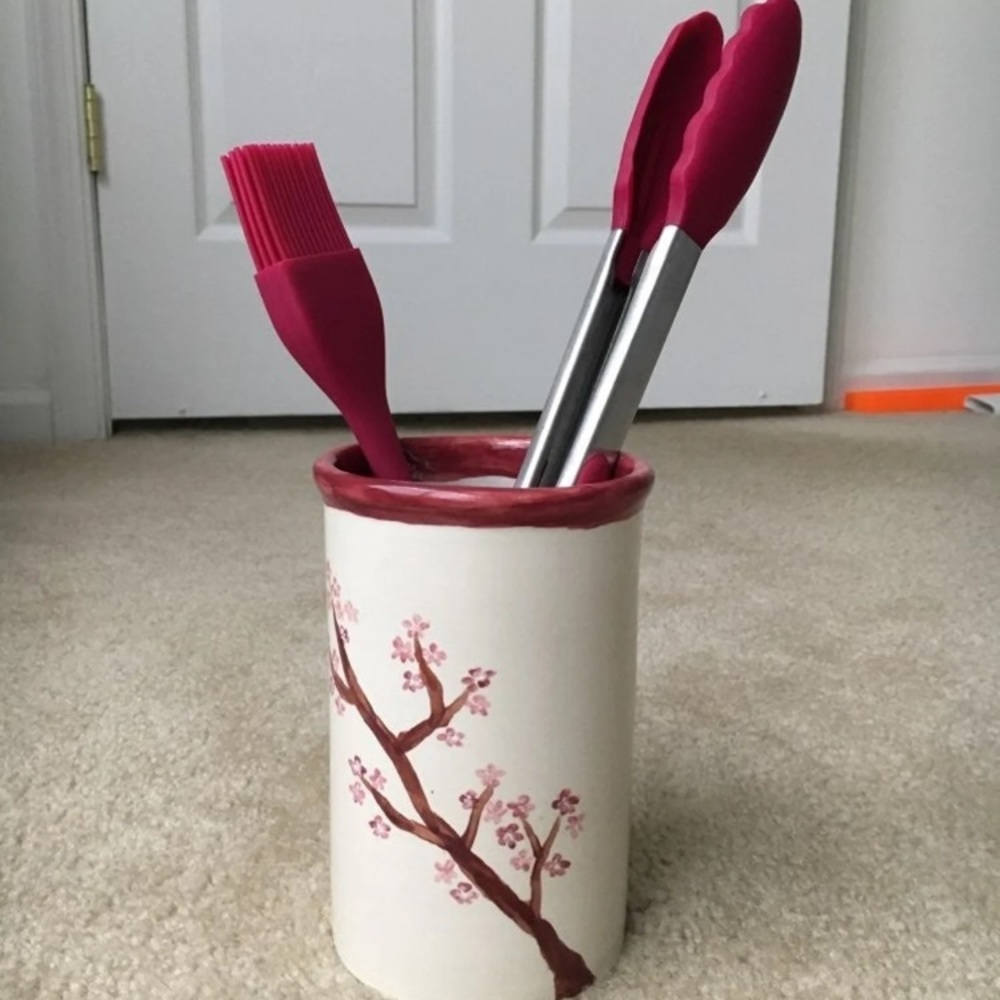 Hand painted utensil holder with tongs and brush